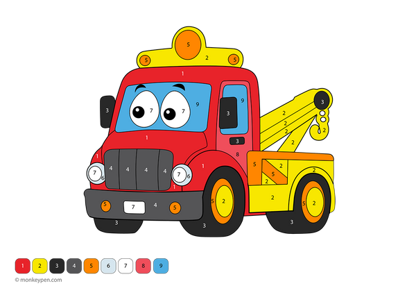 Free downloadable truck color-by-number worksheet with numbered sections on tires, cab, and frame; a fun printable activity that helps kids boost number recognition and enjoy creative play.