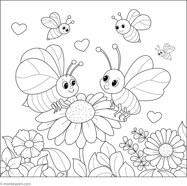 Bees and Butterfly Friendship Coloring Page – fun and educational printable for children