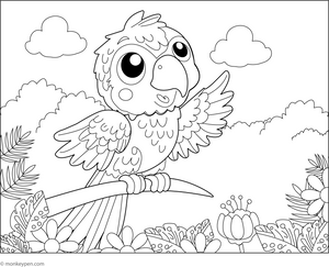 Macaw on Garden Coloring Page – tropical bird printable for children