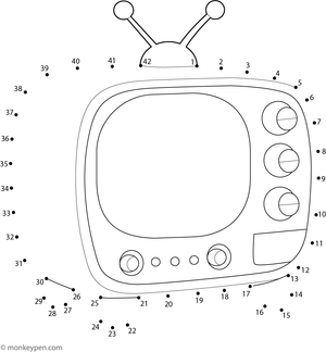 Dot-to-dot worksheet of a cartoon TV with buttons and screen for children to connect and colour.