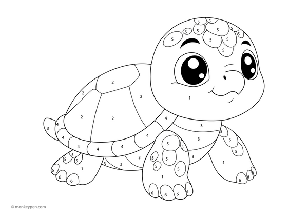 Downloadable turtle color-by-number worksheet featuring an adorable sea turtle with numbered sections on its shell, head, and background; a free printable that helps kids learn numbers through creative coloring fun.