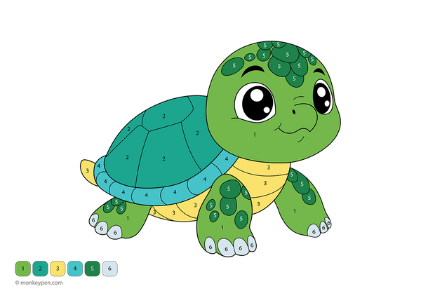 Downloadable turtle color-by-number worksheet featuring an adorable sea turtle with numbered sections on its shell, head, and background; a free printable that helps kids learn numbers through creative coloring fun.