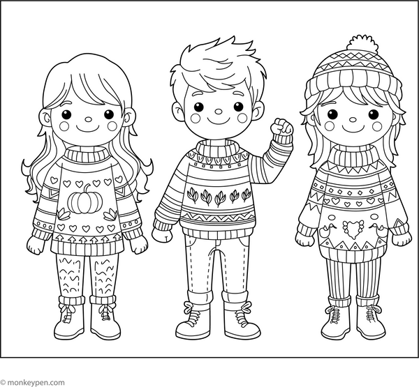 Kids in Sweaters Coloring Page