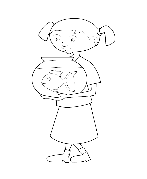 Girl Holding Fish Bowl Coloring Page