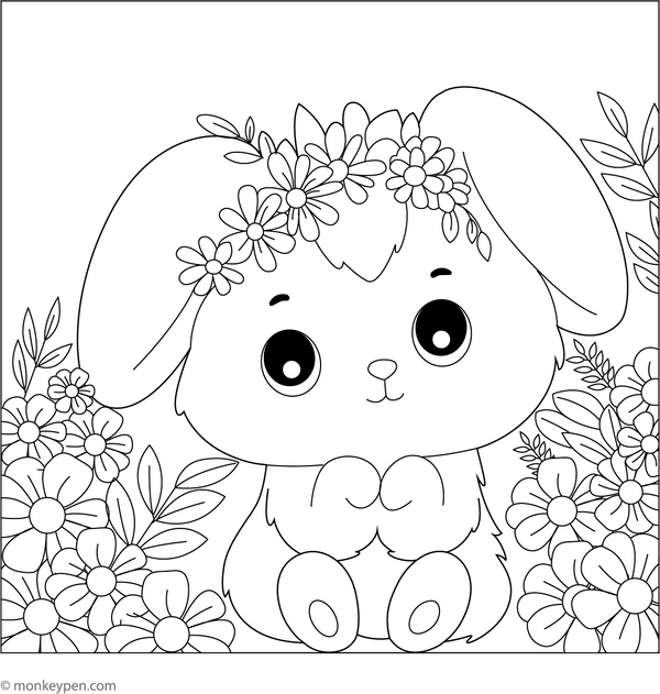 Cute Bunny in Flowers Coloring Page