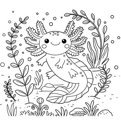 Axolotl in an Underwater Garden Coloring Page– fun and educational printable for children