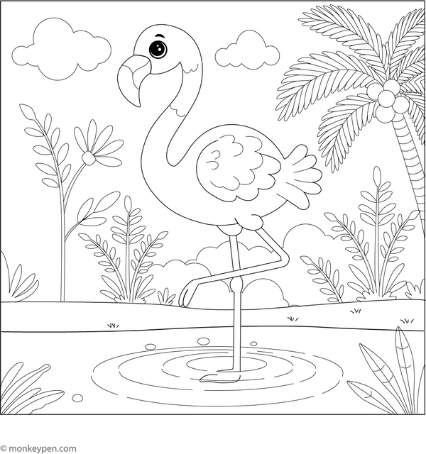 Flamingo in Tropical Lagoon Coloring Page