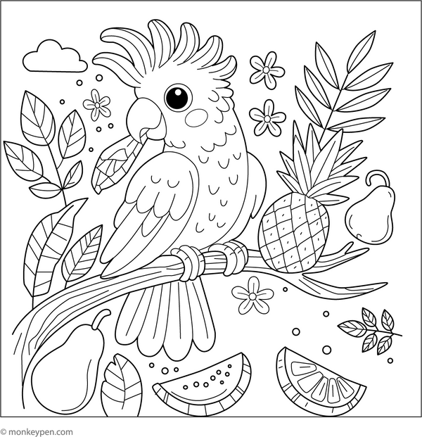 Cockatoo with Tropical Fruits Coloring Page – fun and educational printable for children