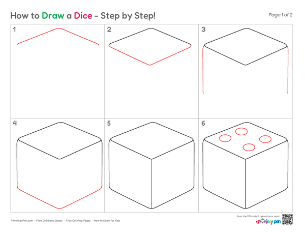 Easy dice outline drawing for kids' art activities.