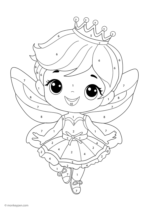 Whimsical fairy color-by-number activity featuring a downloadable page with numbered sections on her wings, crown, and dress—perfect for kids exploring colors and numbers through imaginative play.