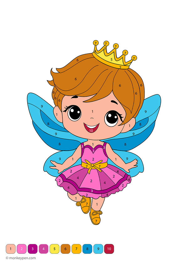 Whimsical fairy color-by-number activity featuring a downloadable page with numbered sections on her wings, crown, and dress—perfect for kids exploring colors and numbers through imaginative play.
