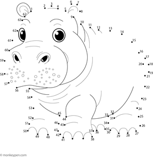 Dot-to-dot worksheet of a cartoon hippopotamus with a big smile for children to connect and colour