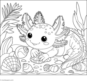 Axolotl Playing with Seashells Coloring Page – fun and educational printable for children