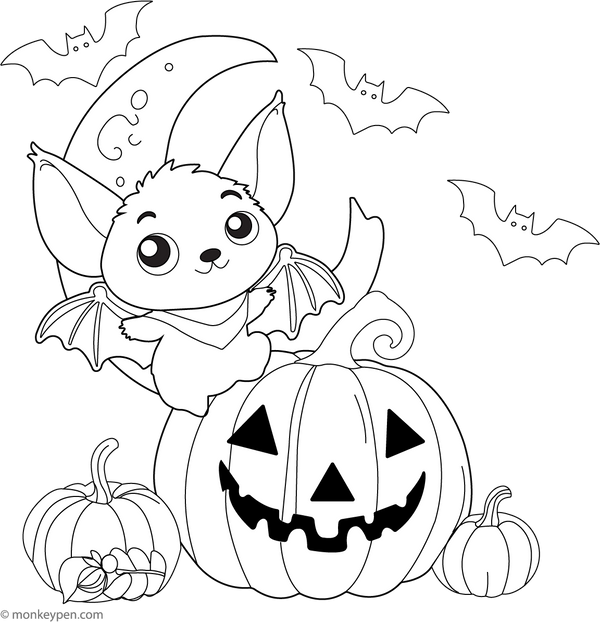 Bat with Pumpkin Coloring Page