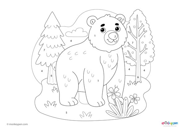 A large forest bear standing among trees, featured in a simple color-by-number worksheet. This fun downloadable PDF is perfect for toddlers learning numbers and exploring nature through coloring.