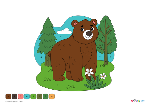 A large forest bear standing among trees, featured in a simple color-by-number worksheet. This fun downloadable PDF is perfect for toddlers learning numbers and exploring nature through coloring.