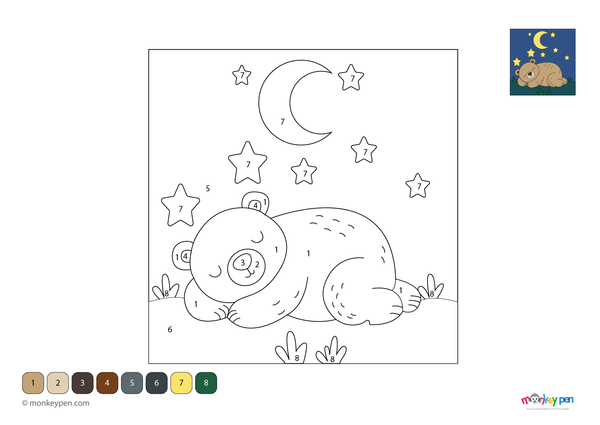 A peaceful bear resting in a grassy clearing, designed as a color-by-number activity. This soothing worksheet is free to download as a PDF, offering a relaxing way for kids to practice numbers and colors.