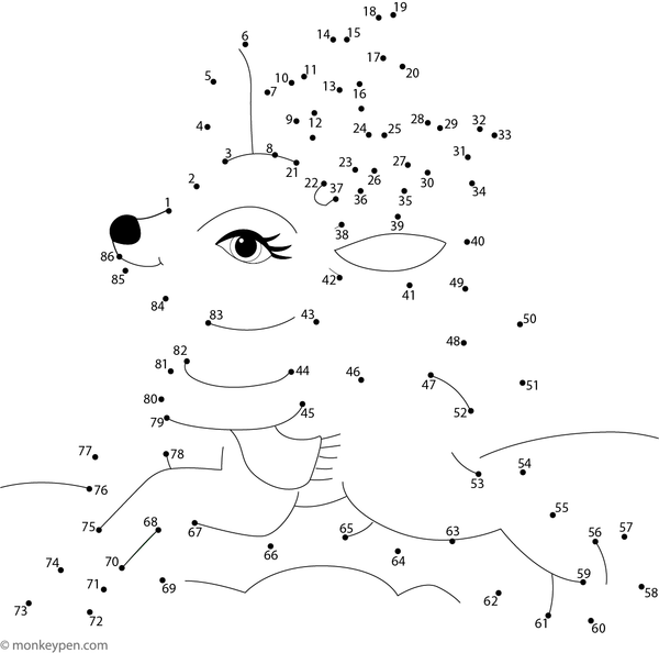 Printable dot-to-dot worksheet of a cartoon deer with antlers for children to connect and color.
