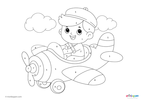 An adventurous boy flying a cartoon airplane through fluffy clouds, shown in a playful color-by-number format. This engaging PDF activity is free to download and encourages creativity while practicing number skills.