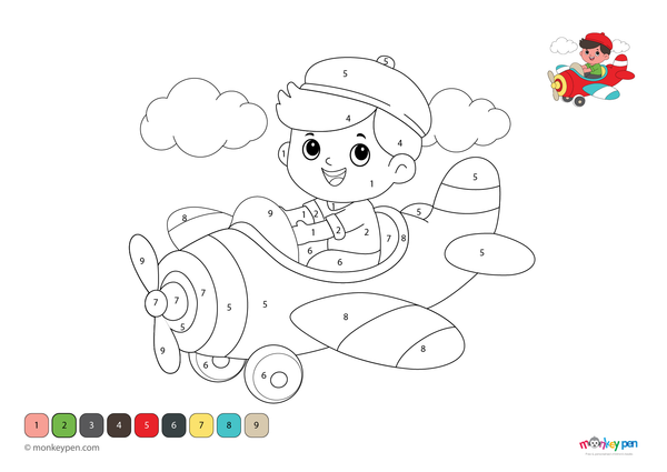 An adventurous boy flying a cartoon airplane through fluffy clouds, shown in a playful color-by-number format. This engaging PDF activity is free to download and encourages creativity while practicing number skills.