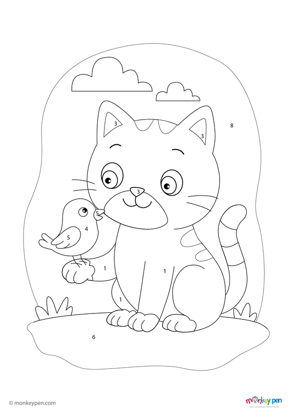 A curious cat with a happy bird perched on its back in a bright outdoor setting, shown in a color-by-number format. This downloadable PDF is free to print and perfect for preschoolers learning numbers and colors through art.
