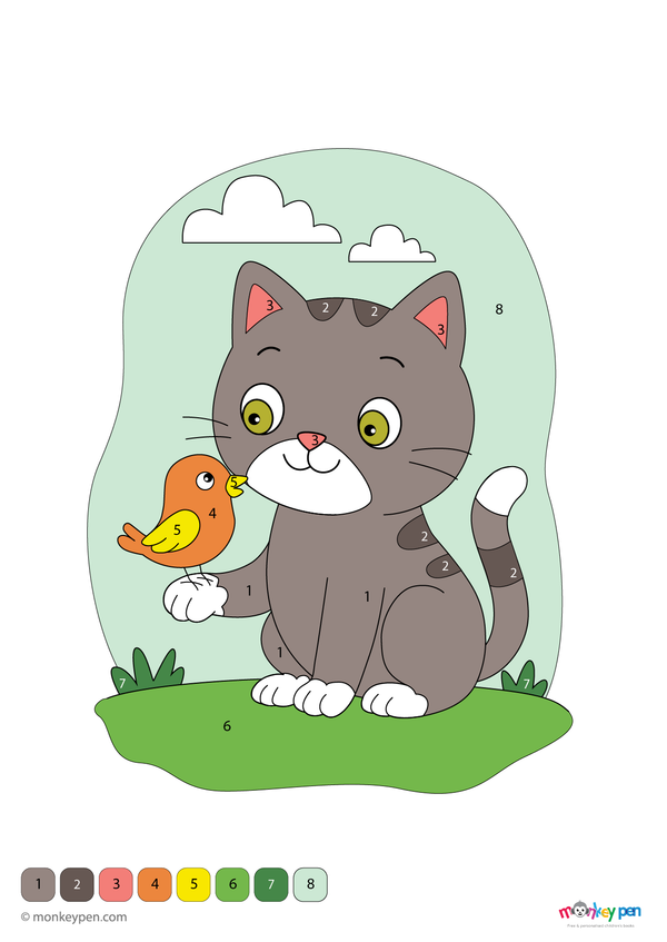 A curious cat with a happy bird perched on its back in a bright outdoor setting, shown in a color-by-number format. This downloadable PDF is free to print and perfect for preschoolers learning numbers and colors through art.