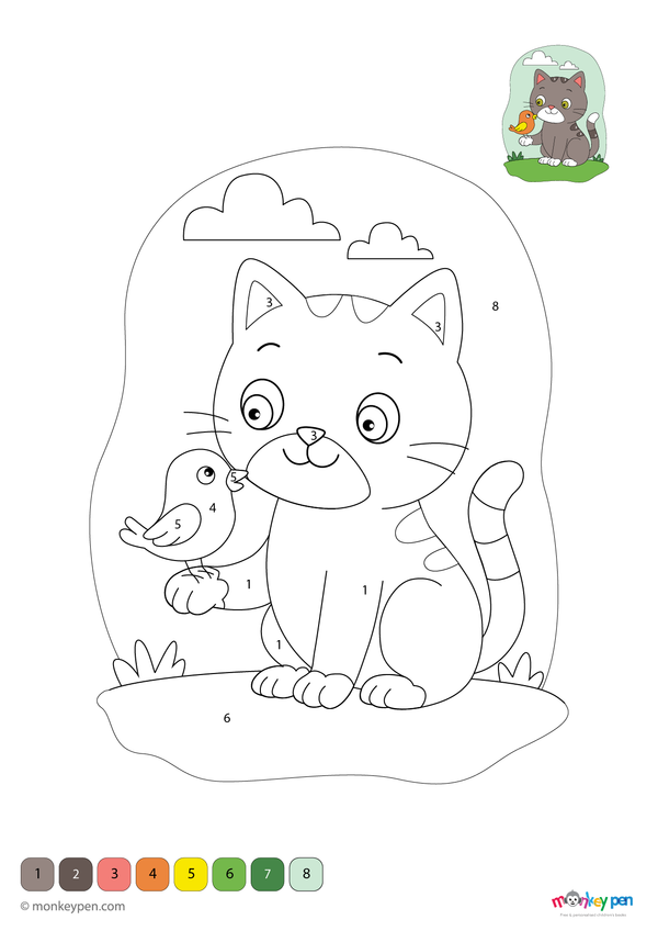A curious cat with a happy bird perched on its back in a bright outdoor setting, shown in a color-by-number format. This downloadable PDF is free to print and perfect for preschoolers learning numbers and colors through art.