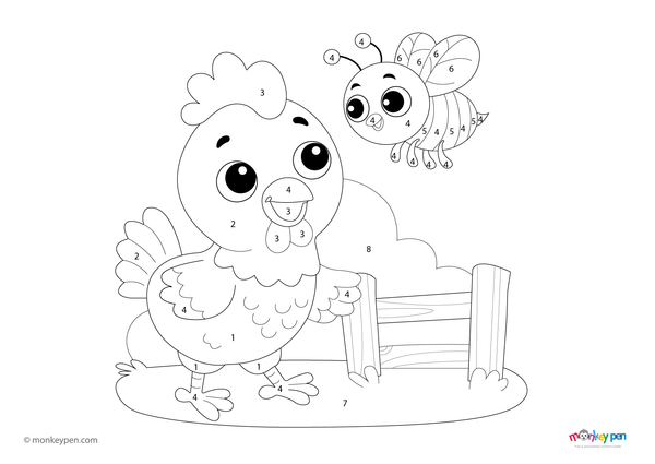 A cheerful chicken and buzzing bee in a colorful farmyard scene, designed as a color-by-number worksheet. This educational PDF is free to download and helps children build number and color recognition through nature-themed fun.