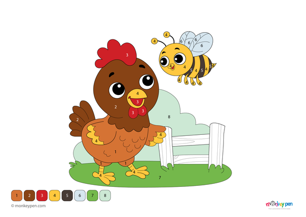 A cheerful chicken and buzzing bee in a colorful farmyard scene, designed as a color-by-number worksheet. This educational PDF is free to download and helps children build number and color recognition through nature-themed fun.