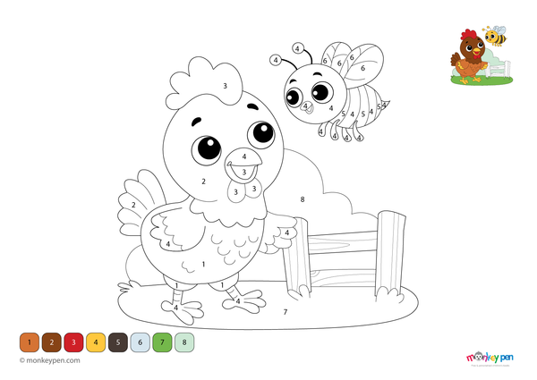 A cheerful chicken and buzzing bee in a colorful farmyard scene, designed as a color-by-number worksheet. This educational PDF is free to download and helps children build number and color recognition through nature-themed fun.