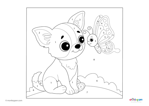 A cute Chihuahua sitting in a garden with a bright butterfly nearby, all set in a color-by-number layout. This preschool-friendly worksheet is free to download as a PDF and helps kids build number skills while enjoying a fun, animal-themed activity.