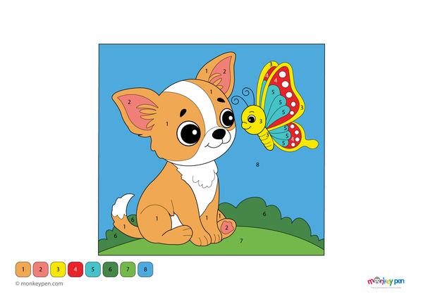 A cute Chihuahua sitting in a garden with a bright butterfly nearby, all set in a color-by-number layout. This preschool-friendly worksheet is free to download as a PDF and helps kids build number skills while enjoying a fun, animal-themed activity.