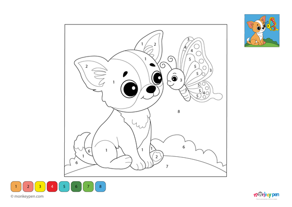 A cute Chihuahua sitting in a garden with a bright butterfly nearby, all set in a color-by-number layout. This preschool-friendly worksheet is free to download as a PDF and helps kids build number skills while enjoying a fun, animal-themed activity.
