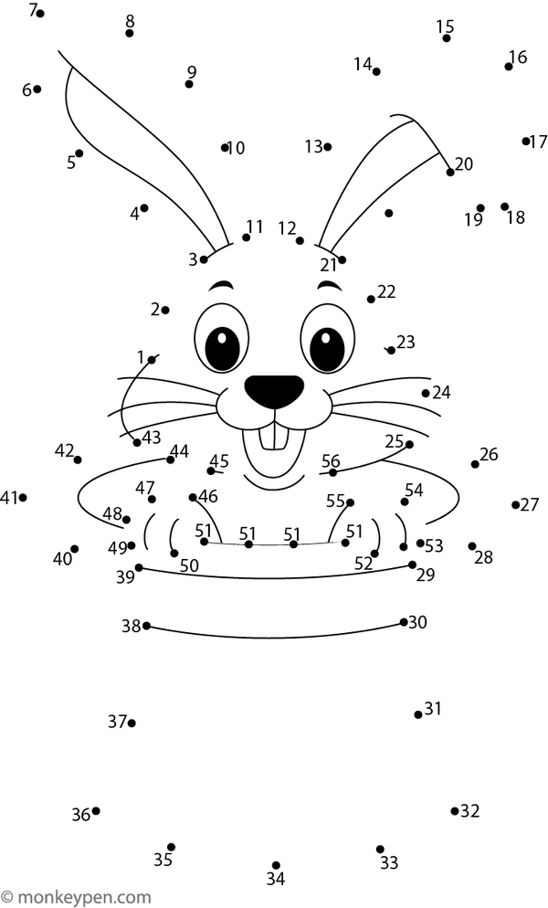 Dot-to-dot worksheet of a cartoon rabbit with long ears for children to connect and color.