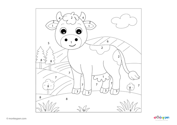 A peaceful cow grazing in a grassy meadow with rolling hills in the background, illustrated in a color-by-number style. This relaxing and educational PDF is downloadable for free, perfect for kids learning numbers through farm-themed coloring fun.