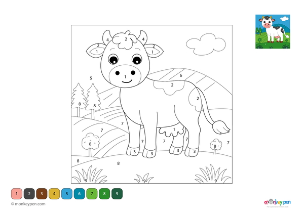 A peaceful cow grazing in a grassy meadow with rolling hills in the background, illustrated in a color-by-number style. This relaxing and educational PDF is downloadable for free, perfect for kids learning numbers through farm-themed coloring fun.