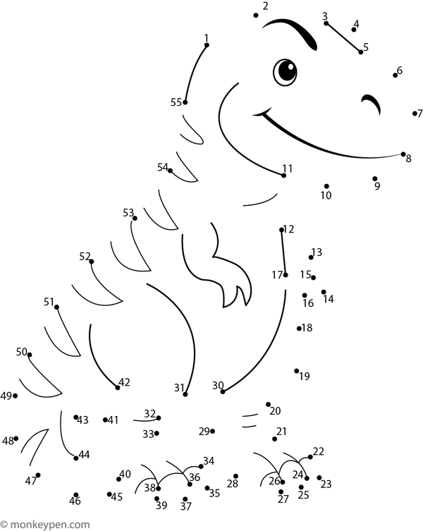 Educational dot-to-dot worksheet featuring a cartoon T-Rex dinosaur for children to connect and color.
