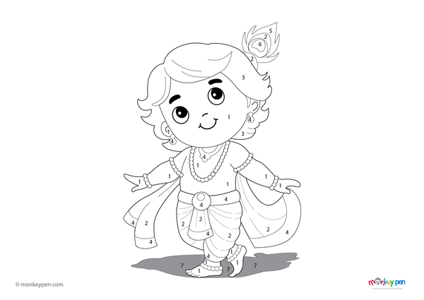A joyful illustration of young Krishna holding a flute, dressed in traditional attire, set in a serene background. This cultural color-by-number worksheet is a free downloadable PDF, helping children explore mythology while learning numbers and colors.