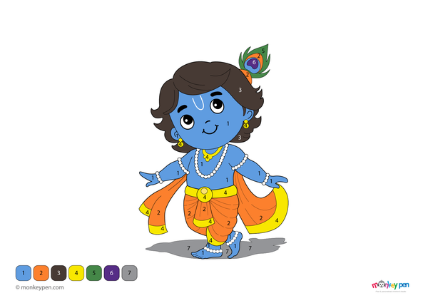 A joyful illustration of young Krishna holding a flute, dressed in traditional attire, set in a serene background. This cultural color-by-number worksheet is a free downloadable PDF, helping children explore mythology while learning numbers and colors.
