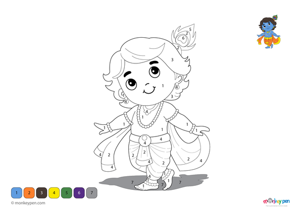 A joyful illustration of young Krishna holding a flute, dressed in traditional attire, set in a serene background. This cultural color-by-number worksheet is a free downloadable PDF, helping children explore mythology while learning numbers and colors.