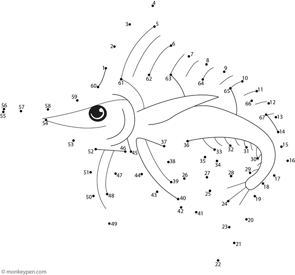 Educational dot-to-dot worksheet featuring a cartoon swordfish with a pointed nose for children to connect and color.
