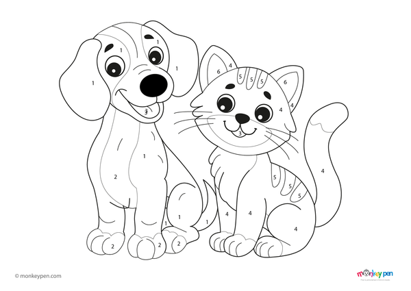 A playful cat and a cheerful Dachshund relaxing together in a cozy indoor setting, shown in a color-by-number format. This free-to-download PDF coloring sheet helps children build number recognition while enjoying an adorable animal-themed activity.