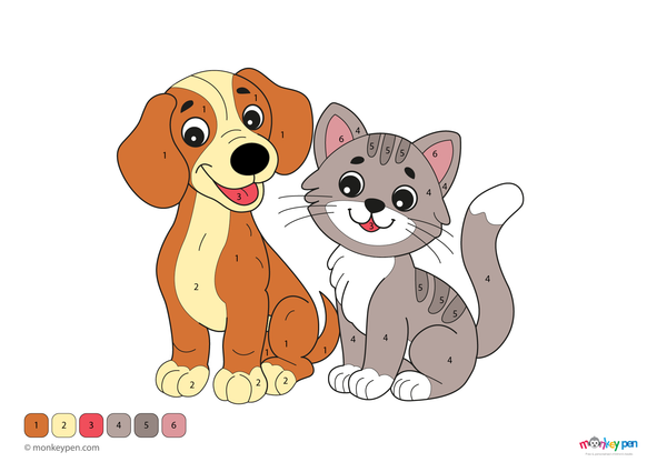 A playful cat and a cheerful Dachshund relaxing together in a cozy indoor setting, shown in a color-by-number format. This free-to-download PDF coloring sheet helps children build number recognition while enjoying an adorable animal-themed activity.