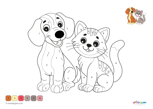 A playful cat and a cheerful Dachshund relaxing together in a cozy indoor setting, shown in a color-by-number format. This free-to-download PDF coloring sheet helps children build number recognition while enjoying an adorable animal-themed activity.