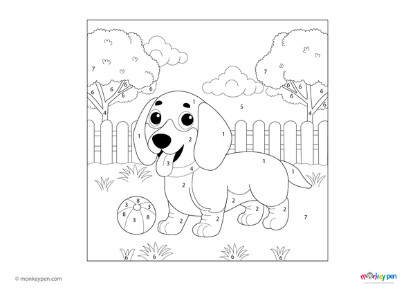A happy Dachshund playing in a sunny park surrounded by trees and flowers, illustrated in a color-by-number layout. This downloadable PDF is free to access and offers young learners a fun way to practice numbers through an outdoor-themed coloring activity.