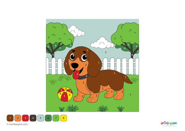 A happy Dachshund playing in a sunny park surrounded by trees and flowers, illustrated in a color-by-number layout. This downloadable PDF is free to access and offers young learners a fun way to practice numbers through an outdoor-themed coloring activity.
