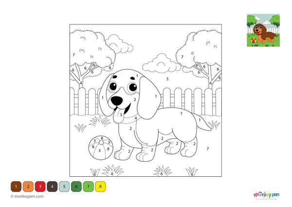 A happy Dachshund playing in a sunny park surrounded by trees and flowers, illustrated in a color-by-number layout. This downloadable PDF is free to access and offers young learners a fun way to practice numbers through an outdoor-themed coloring activity.