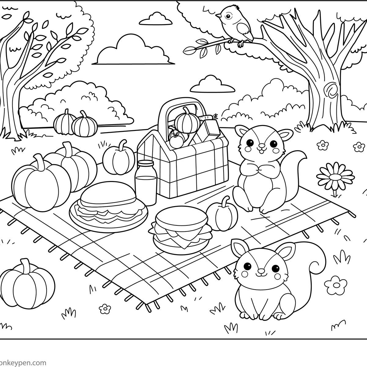Autumn Fall Picnic Coloring Page for Free Printable Thanksgiving Hidden Pictures Printables
