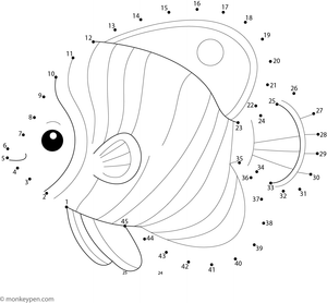 Printable dot to dot worksheet featuring a cartoon fish for children to connect and color.