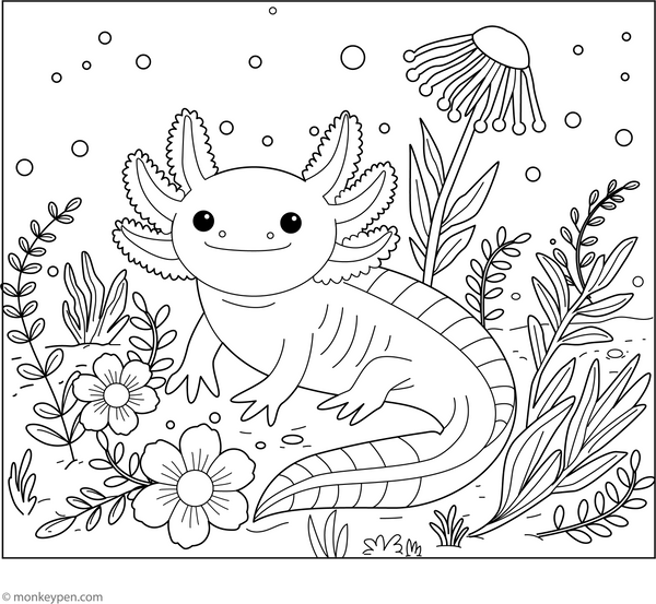 Axolotl Surrounded by Flowers Coloring Page – fun and educational printable for children